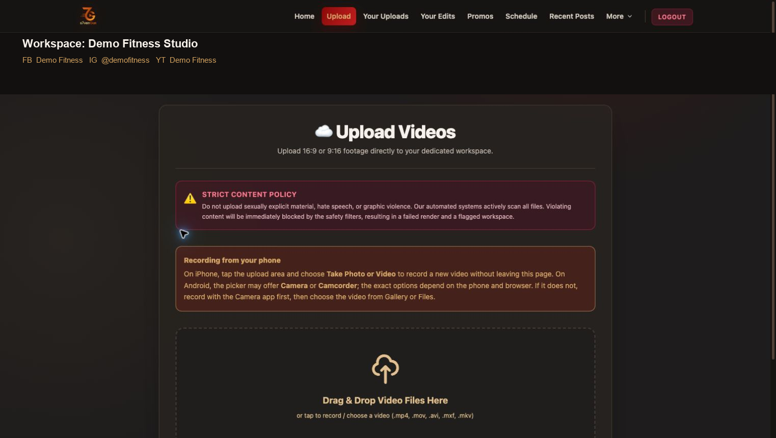 Upload media and organize footage screen